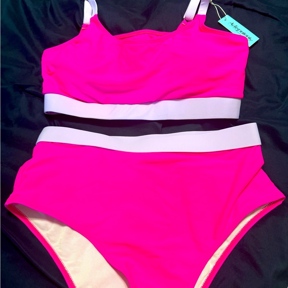 Hot pink with lavender trim 2 piece bathing suit